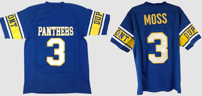Men's Blue DuPont Panthers #3 Randy Moss Stitched Football Jersey