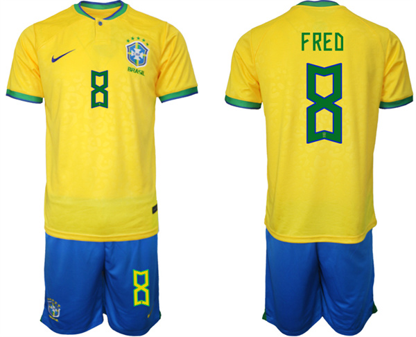 Men's Yellow Brazil #8 Fred 2022 FIFA World Cup Away Soccer Jersey Suit