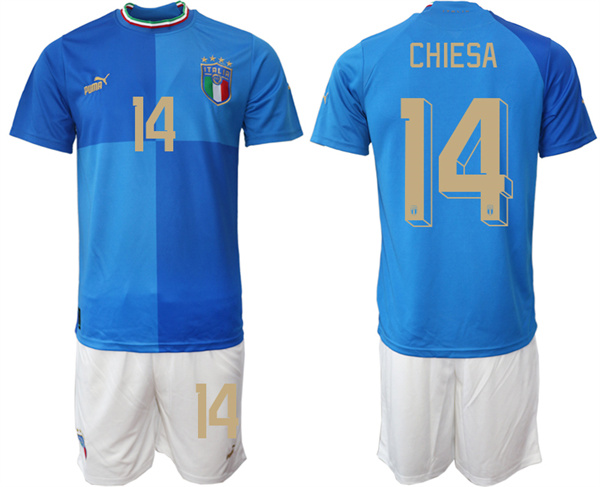 Men's Blue Italy #14 Chiesa Home Soccer Jersey Suit