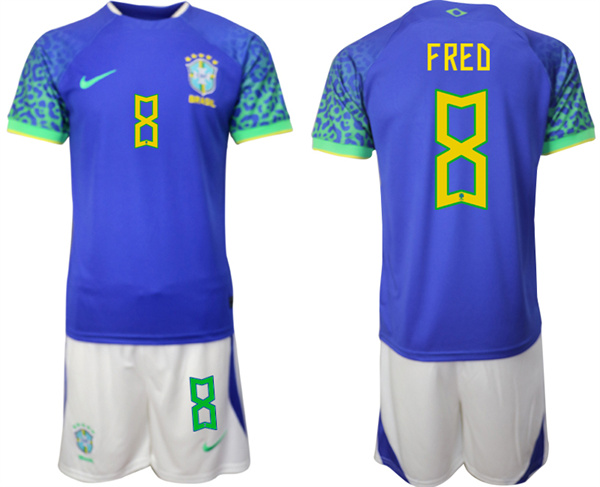 Men's Blue Brazil #8 Fred 2022 FIFA World Cup Away Soccer Jersey Suit