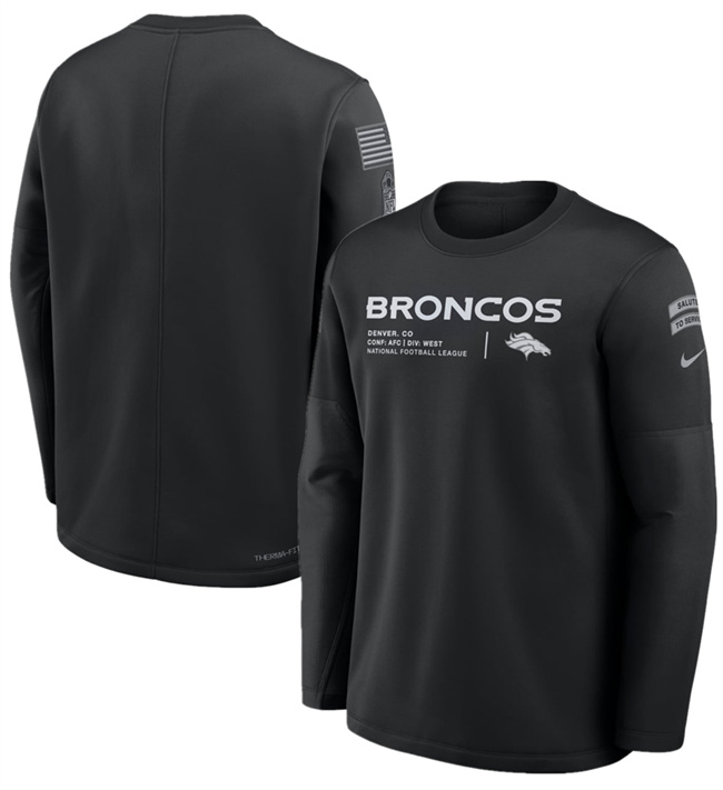 Men's Black Denver Broncos 2026 Salute to Service Sideline Coaches Crewneck Therma-FIT Sweatshirt