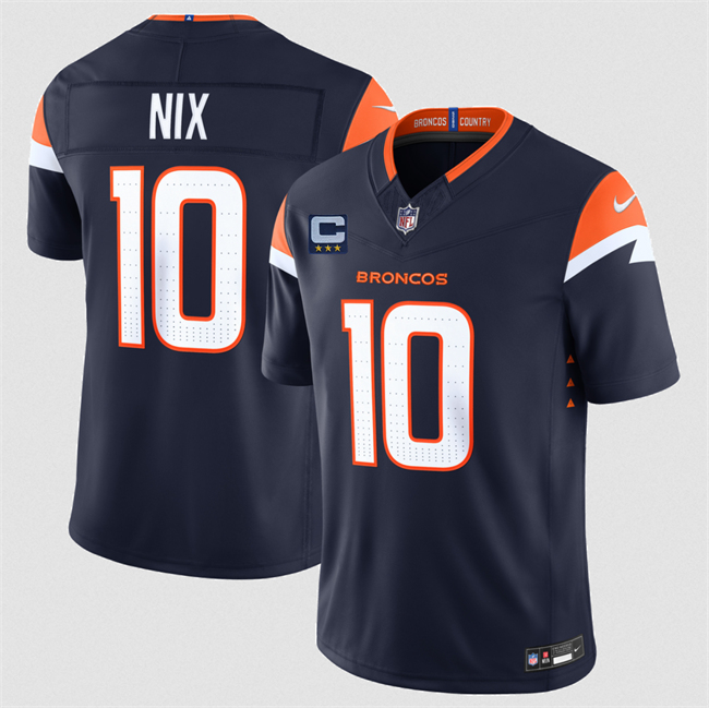 Men's Navy Denver Broncos #10 Bo Nix Draft With 3-Star C Patch F.U.S.E. Alternate Vapor Limited Stitched Football Jersey