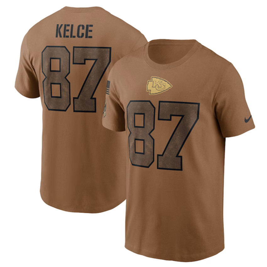 Men's Brown Kansas City Chiefs #87 Travis Kelce 2023 Salute To Service Name & Number T-Shirt