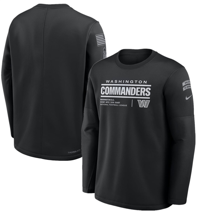 Men's Black Washington Commanders 2026 Salute to Service Sideline Coaches Crewneck Therma-FIT Sweatshirt
