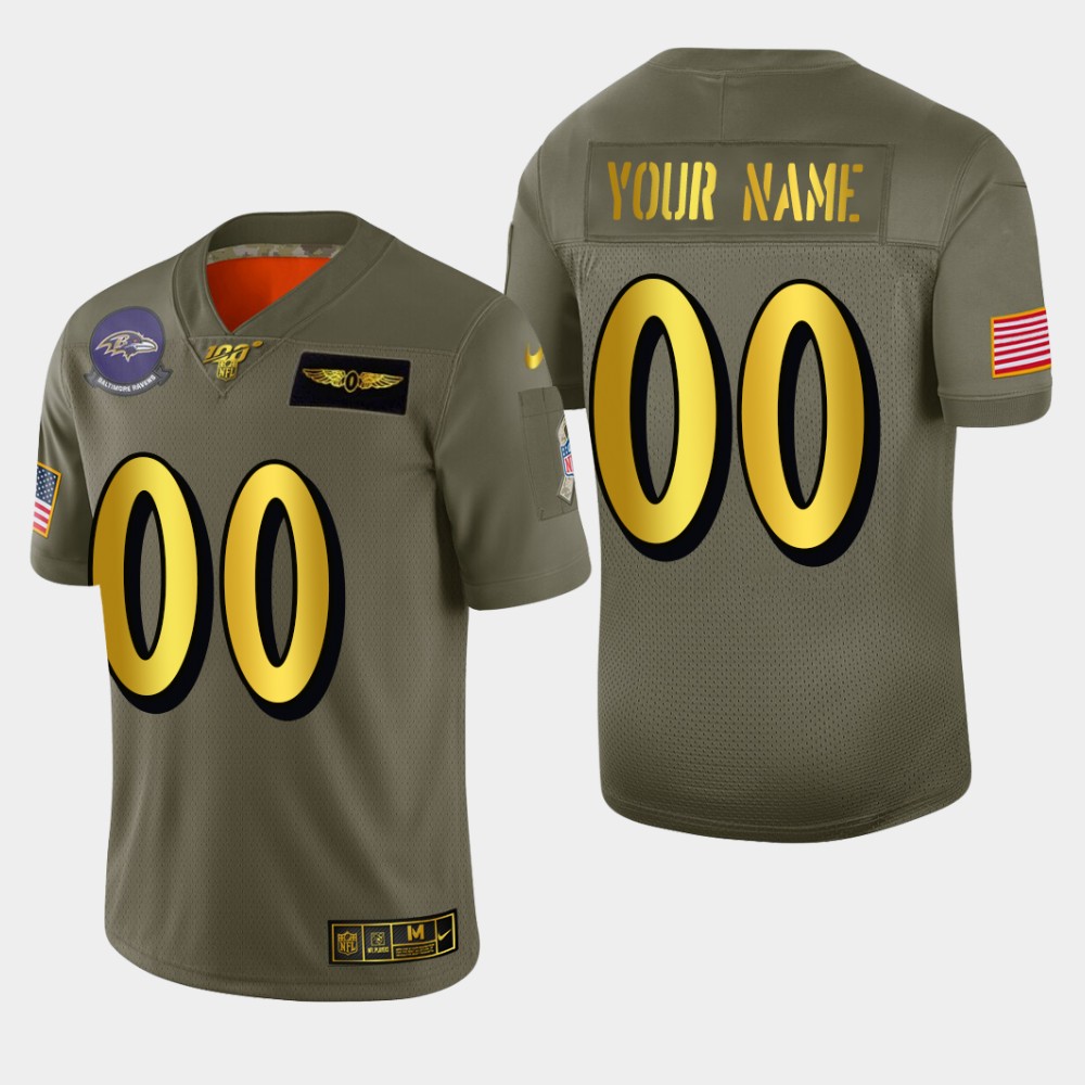 Men's Baltimore Ravens Custom Olive Gold 2019 Salute to Service Limited Football 100 Jersey