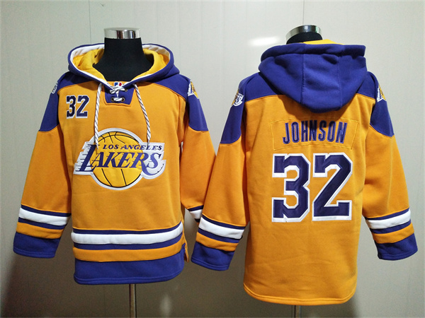 Men's Yellow Los Angeles Lakers #32 Magic Johnson Lace-Up Pullover Hoodie