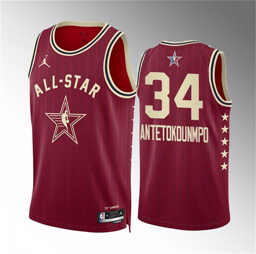 Men's Crimson 2024 All-Star #34 Giannis Antetokounmpo Stitched Basketball Jersey