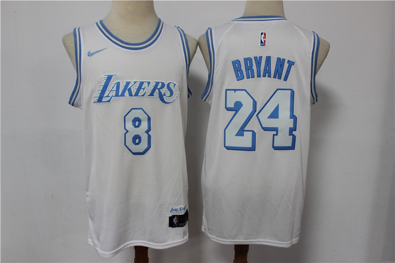 Men's White Los Angeles Lakers Front #8 Back #24 Kobe Bryant City Edition New Blue Silver Logo 2020-21 Stitched Jersey