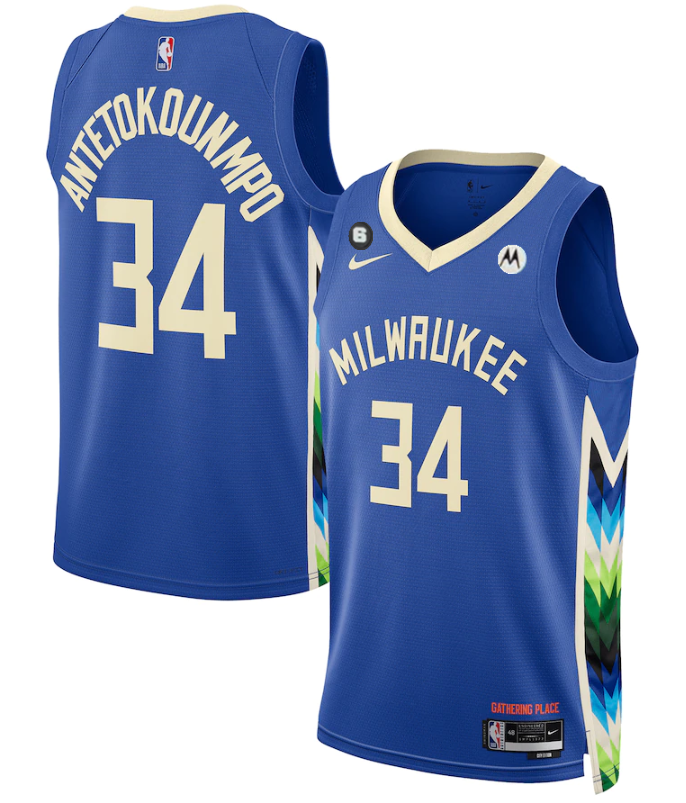 Men's Blue Milwaukee Bucks #34 Giannis Antetokounmpo 2022/23 City Edition With NO.6 Patch Stitched Basketball Jersey