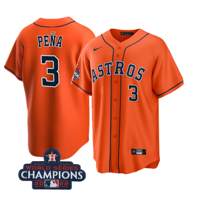 Men's Orange Houston Astros #3 Jeremy Peña 2022 World Series Champions Cool Base With No. In Front Stitched Baseball Jersey