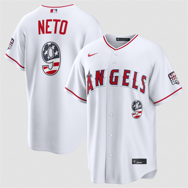 Men's White Los Angeles Angels #9 Zach Neto 2026 USA 250 Fourth of July Home Stadium Stitched Baseball Jersey