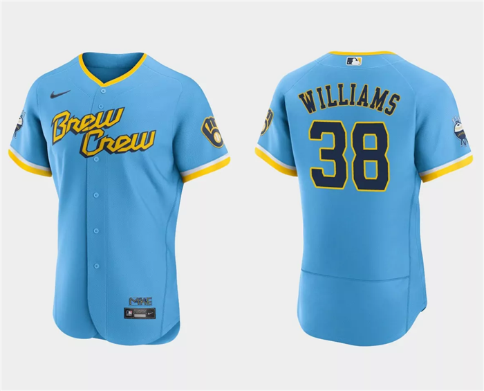 Men's Blue Milwaukee Brewers #38 Devin Williams Powder 2022 City Connect Flex Base Stitched MLB Jersey