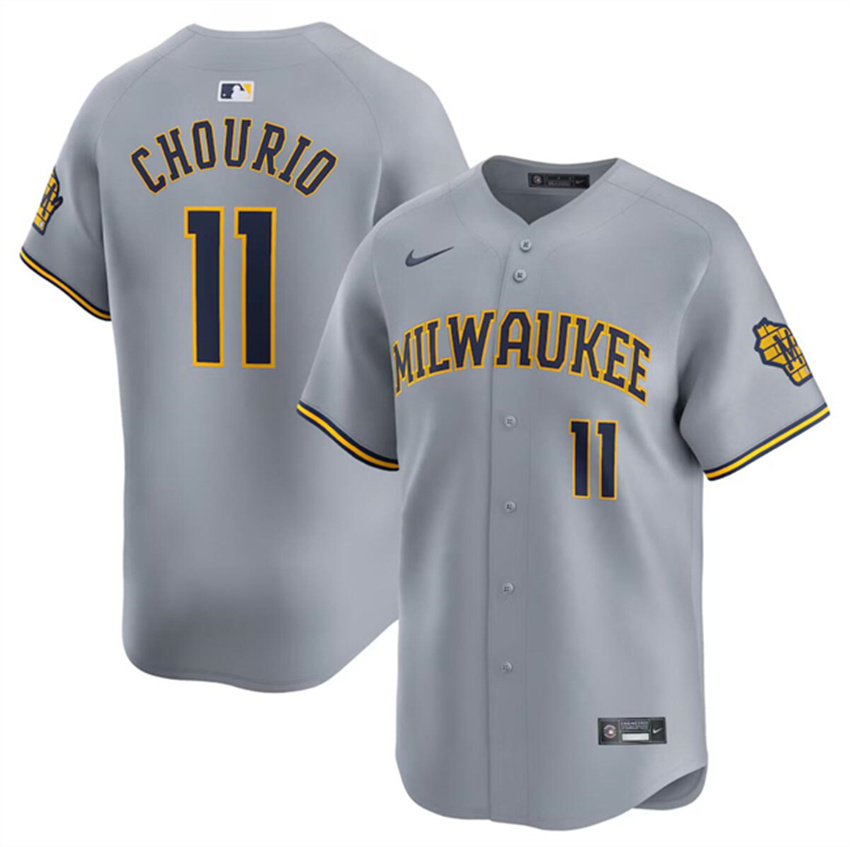 Men's Grey Milwaukee Brewers #11 Jackson Chourio 2024 Away Limited Stitched Baseball Jersey