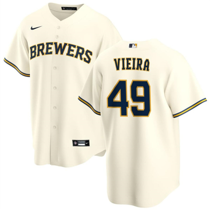 Men's Cream Milwaukee Brewers #49 Thyago Vieira Cool Base Stitched Baseball Jersey