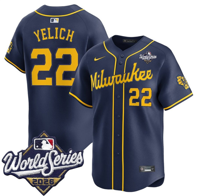Men's Navy Milwaukee Brewers #22 Christian Yelich 2026 World Series Alternate Limited Stitched Baseball Jersey