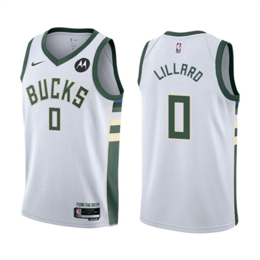Men's White Milwaukee Bucks #0 Damian Lillard Association Edition Stitched Basketball Jersey