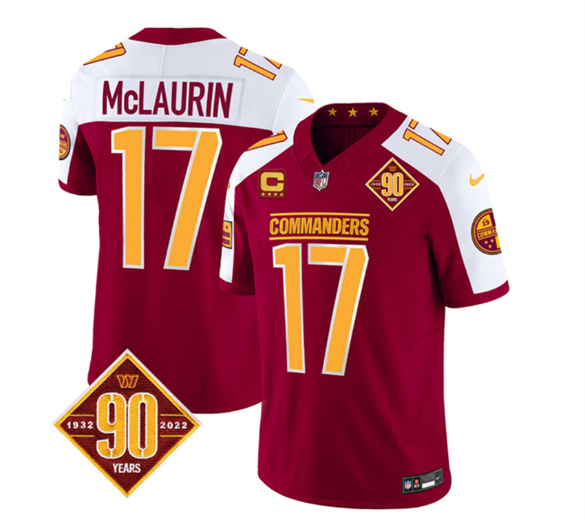 Men's Burgundy/White Washington Commanders #17 Terry McLaurin 2023 F.U.S.E. 90th Anniversary Vapor Limited Stitched Football Jersey