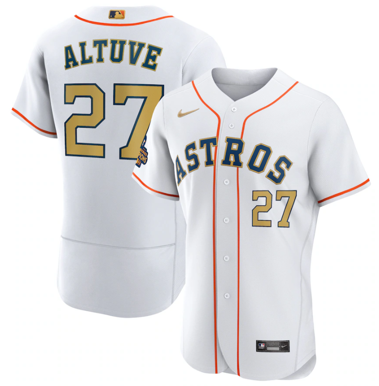 Men's White Houston Astros #27 Jose Altuve 2023 Gold Collection With World Serise Champions Patch Stitched Baseball Jersey