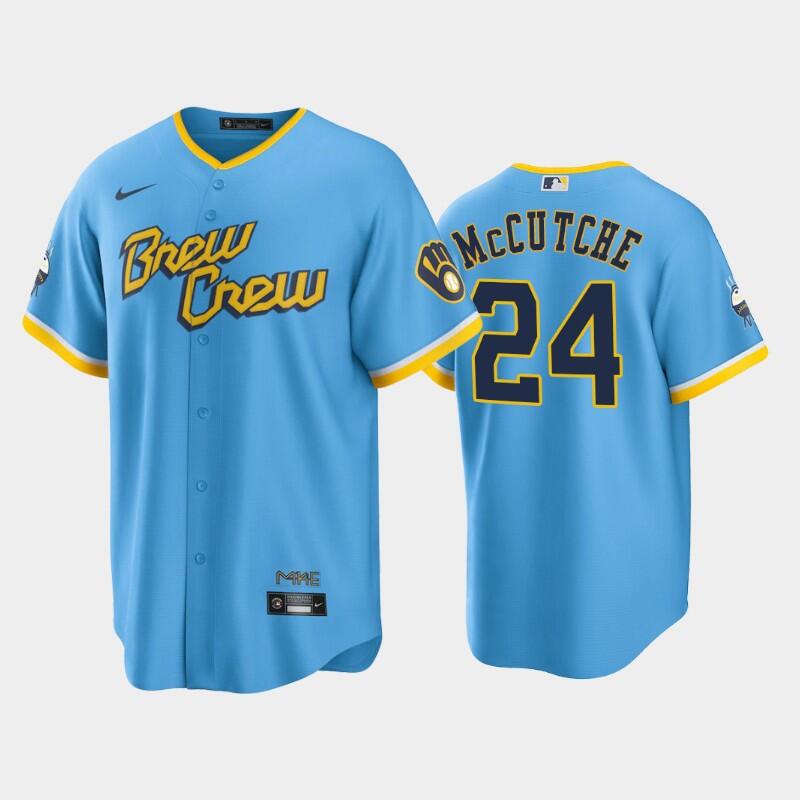 Men's Powder Blue Milwaukee Brewers #24 Andrew McCutchen 2022 City Connect Cool Base Stitched Jersey