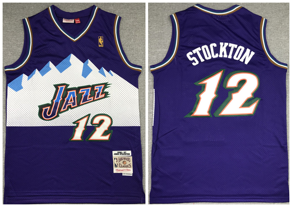 Men's Utah Jazz Purple #12 John Stockton Throwback Stitched Jersey