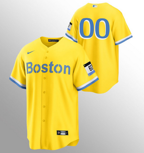 Men's Gold Light Blue Boston Red Sox Customized 2021 City Connect Stitched Jersey