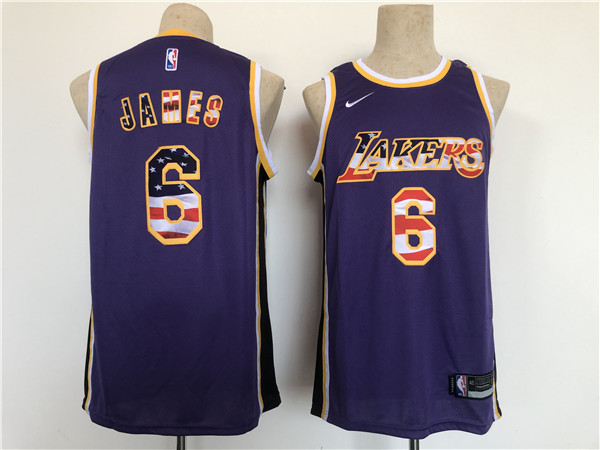 Men's Purple Los Angeles Lakers #6 LeBron James USA Flag Stitched Basketball Jersey