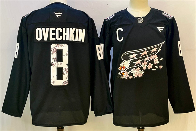 Men's Black Washington Capitals #8 Alex Ovechkin Cherry Blossom With C Patch Stitched Hockey Jersey