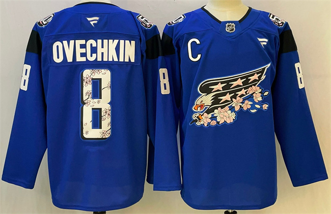 Men's Blue Washington Capitals #8 Alex Ovechkin Cherry Blossom With C Patch Stitched Hockey Jersey