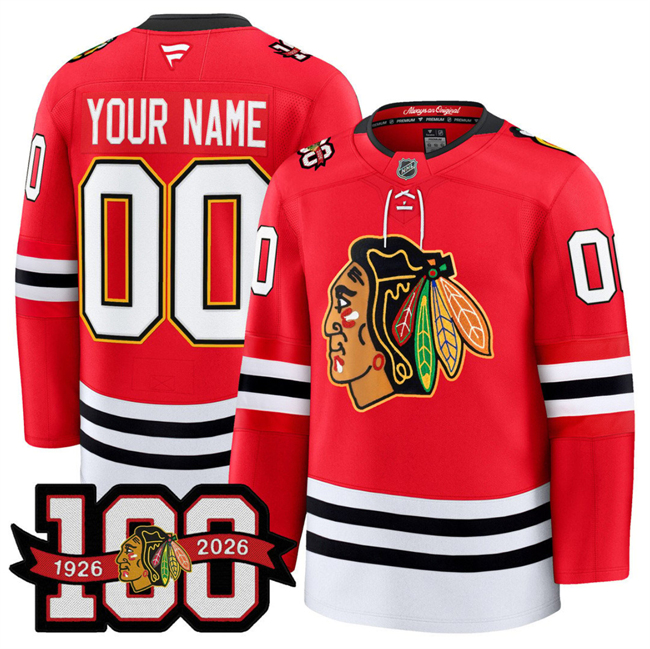 Men's Red Chicago Blackhawks Active Player Custom 2025 Home 100th Anniversary Stitched Hockey Jersey
