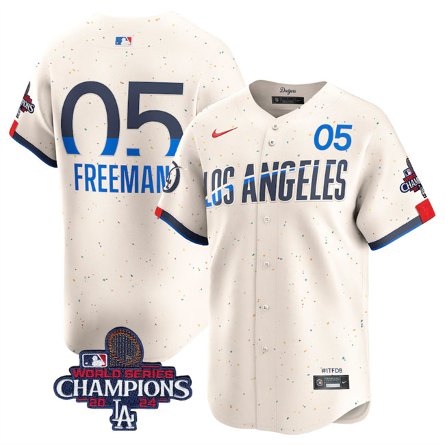 Men's Cream Los Angeles Dodgers #5 Freddie Freeman 2024 World Series Champions City Connect Limited Stitched Baseball Jersey
