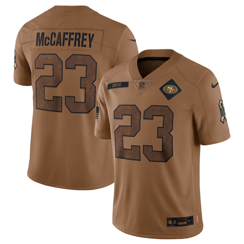 Men's Brown San Francisco 49ers #23 Christian McCaffrey 2023 Salute To Service Limited Stitched Football Jersey