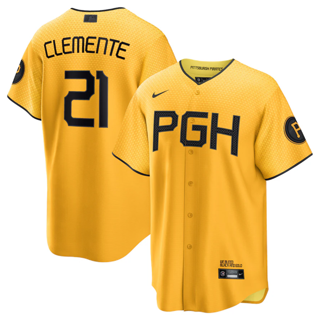 Men's Gold Pittsburgh Pirates #21 Roberto Clemente 2023 City Connect Stitched Jersey