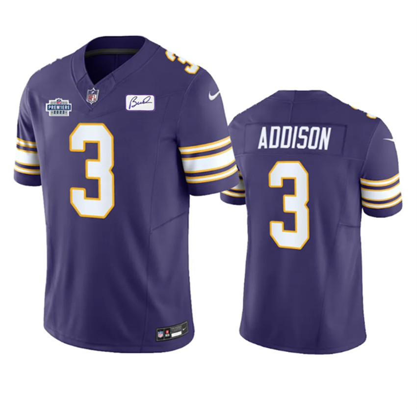 Men's Purple Minnesota Vikings #3 Jordan Addison 2023 F.U.S.E. With Prem1ere Patch And Bud Grant patch Vapor Untouchable Limited Stitched Football Jersey