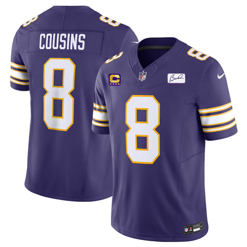 Men's Purple Minnesota Vikings #8 Kirk Cousins 2023 F.U.S.E. Bud Grant patch With 4-Star C Patch Vapor Untouchable Limited Stitched Jersey