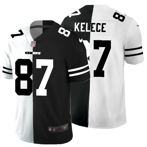 Men's Kansas City Chiefs Black & White Split #87 Travis Kelce Limited Stitched Jersey