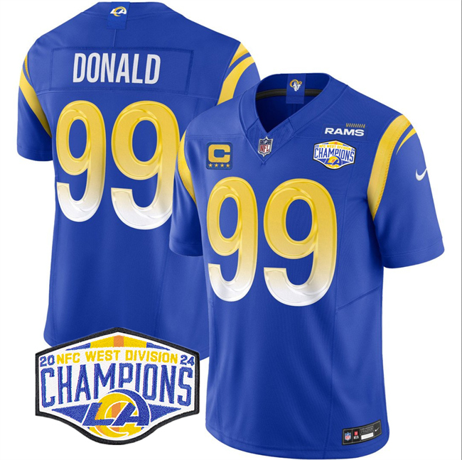 Men's Blue Los Angeles Rams #99 Aaron Donald 2024 NFC West Champions With 4-Star C Patch F.U.S.E. Vapor Untouchable Stitched Football Jersey