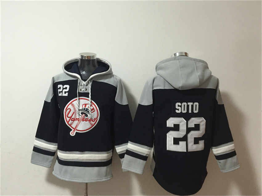 Men's Navy/Grey New York Yankees #22 Juan Soto Ageless Must-Have Lace-Up Pullover Hoodie