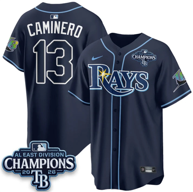 Men's Navy Tampa Bay Rays #13 Junior Caminero 2026 AL East Champions Patch Limited Stitched Baseball Jersey