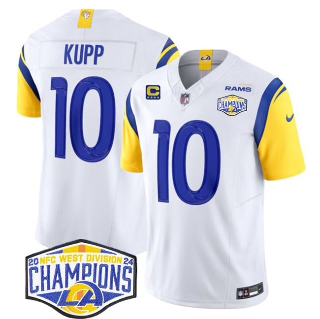 Men's White Los Angeles Rams #10 Cooper Kupp 2024 NFC West Champions With 4-Star C Patch F.U.S.E. Vapor Untouchable Stitched Football Jersey
