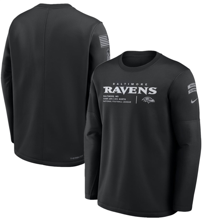 Men's Black Baltimore Ravens 2026 Salute to Service Sideline Coaches Crewneck Therma-FIT Sweatshirt