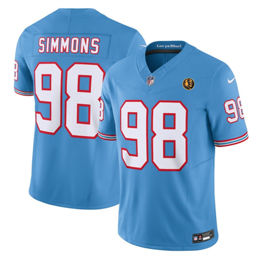 Men's Blue Tennessee Titans #98 Jeffery Simmons 2023 F.U.S.E. Throwback With John Madden Patch Vapor Limited Stitched Football Jersey