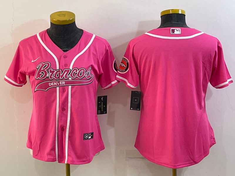 Women's Pink Denver Broncos Blank With Patch Cool Base Stitched Baseball Jersey(Run Small)