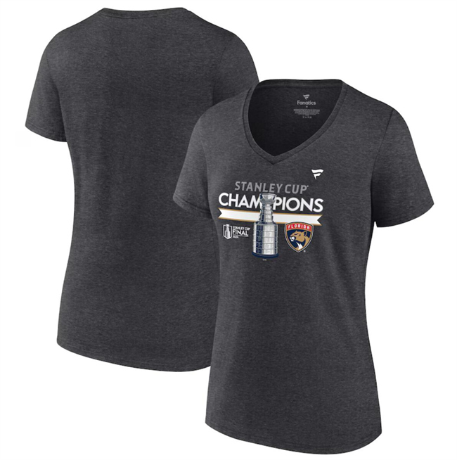 Women's Charcoal Florida Panthers Heather 2024 Stanley Cup Champions Locker Room V-Neck T-Shirt