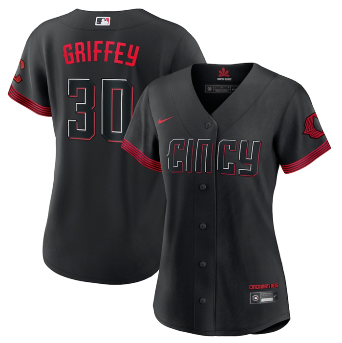 Women's Black Cincinnati Reds #30 Ken Griffey Jr. 2023 City Connect Stitched Baseball Jersey(Run Small)