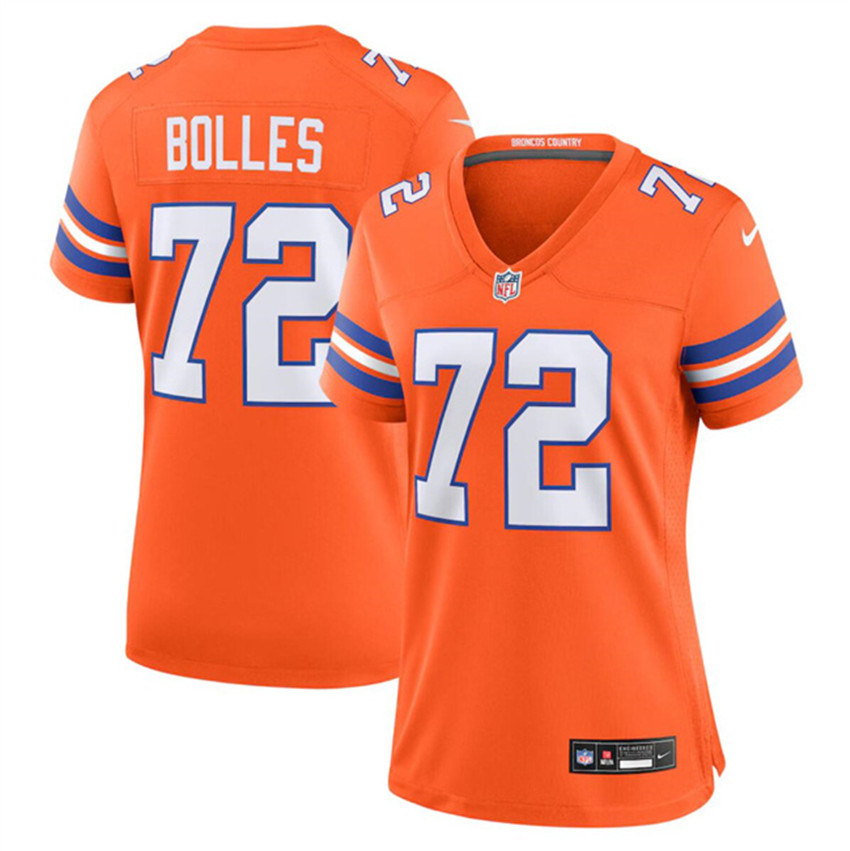 Women's Orange Denver Broncos #72 Garrett Bolles Mile High Collection 1977 Throwback Stitched Jersey(Run Small)