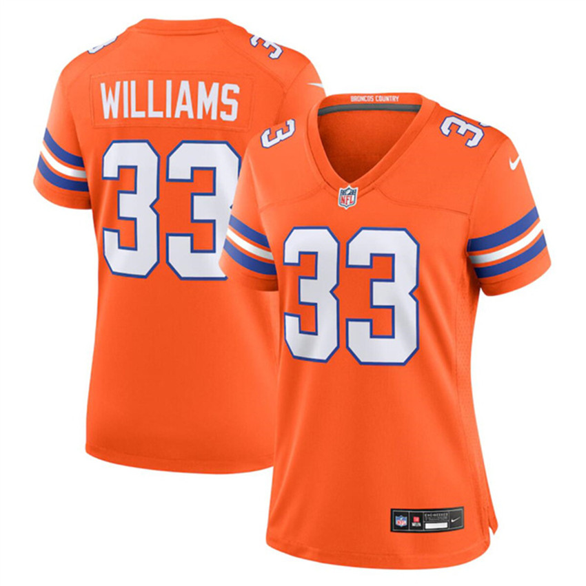 Women's Orange Denver Broncos #33 Javonte Williams Mile High Collection 1977 Throwback Stitched Jersey(Run Small)