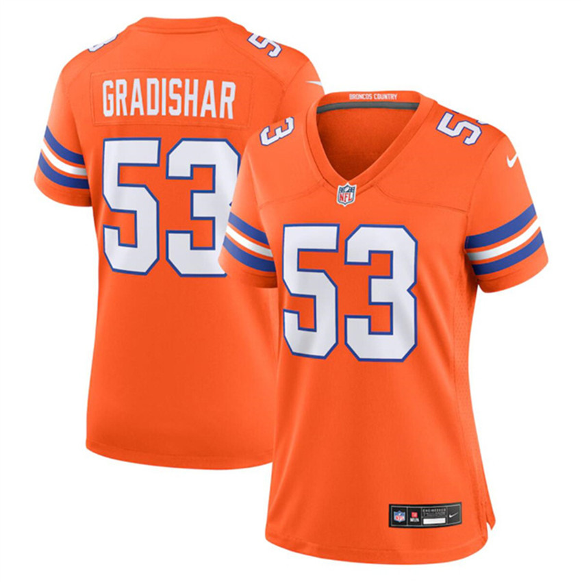 Women's Orange Denver Broncos #53 Randy Gradishar Mile High Collection 1977 Throwback Stitched Jersey(Run Small)