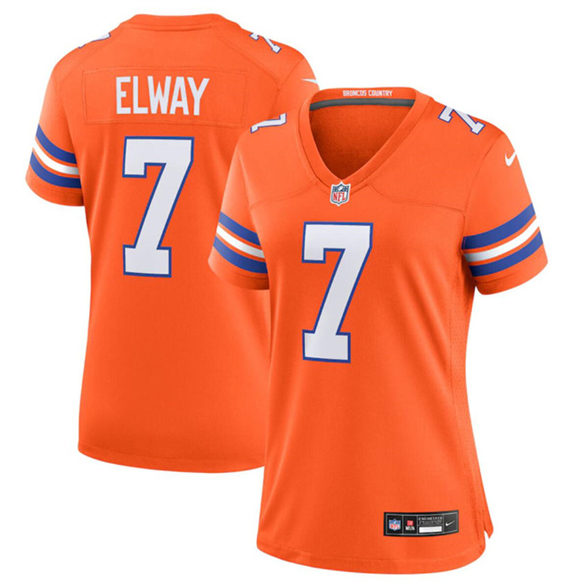 Women's Orange Denver Broncos #7 John Elway Mile High Collection 1977 Throwback Stitched Jersey(Run Small)