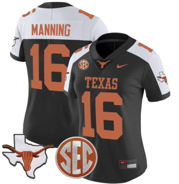 Women's Black/White Texas Longhorns #16 Arch Manning Map & SEC Patch Stitched Football Jersey(Run Small)