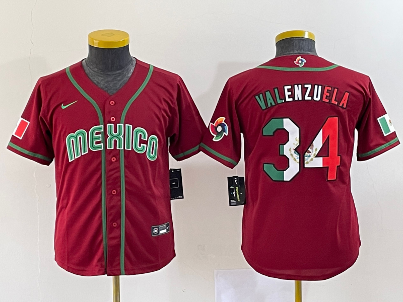 Youth Red Mexico Baseball #34 Fernando Valenzuela 2023 World Baseball Classic With Patch Stitched Jersey